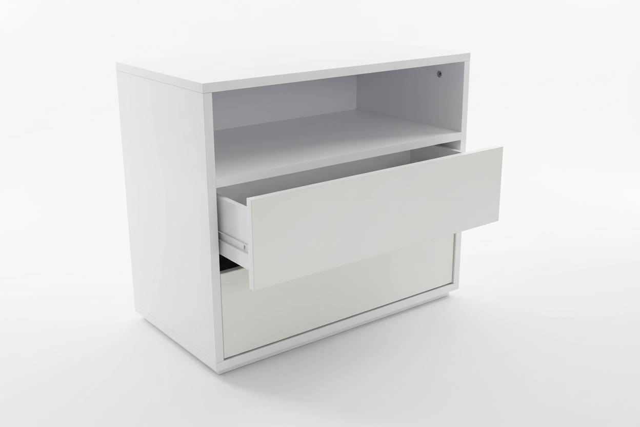 Angled studio shot with one drawer open