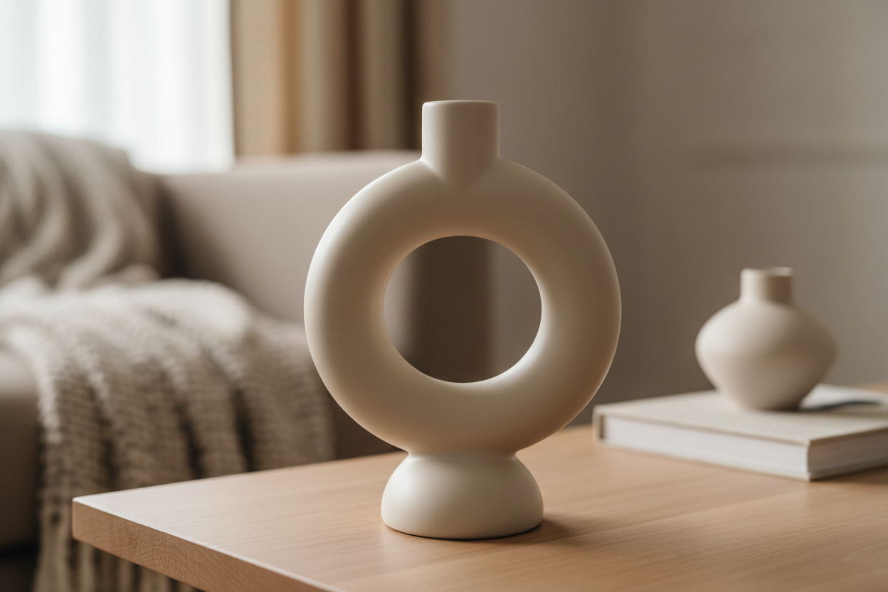 Focused lifestyle image of beige ceramic candle holder