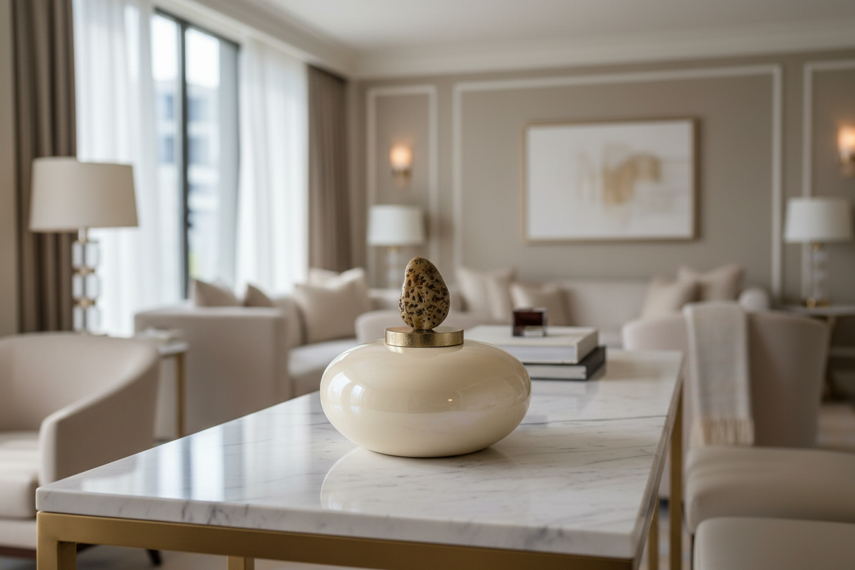Lifestyle image of decorative jar with stone finial