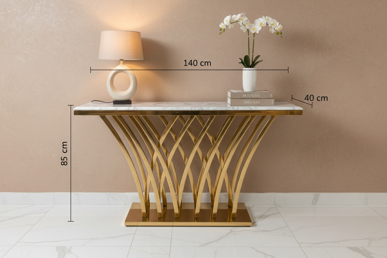 Marble and gold fan-base console table with dimensions