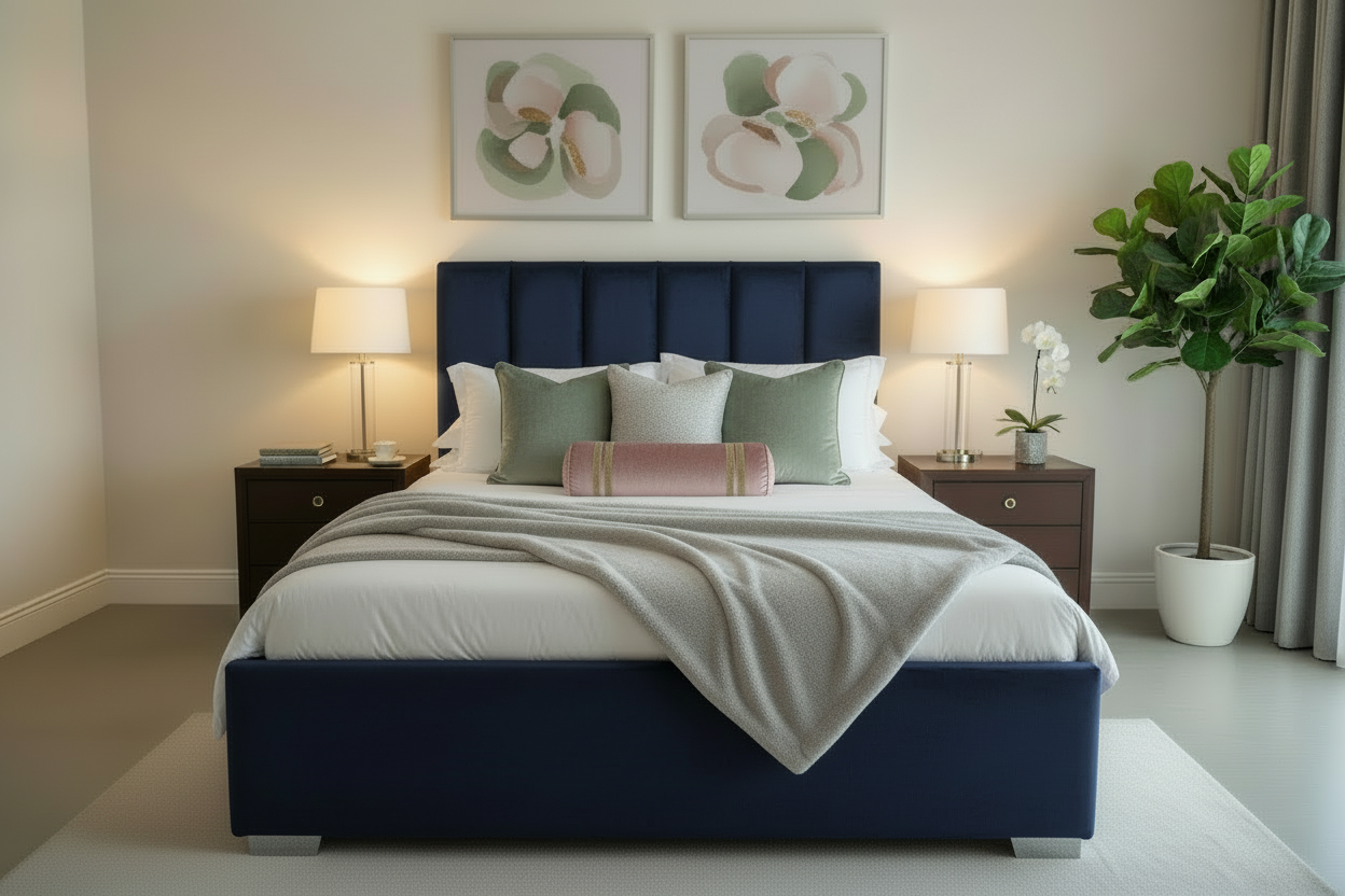 Navy blue velvet bed
