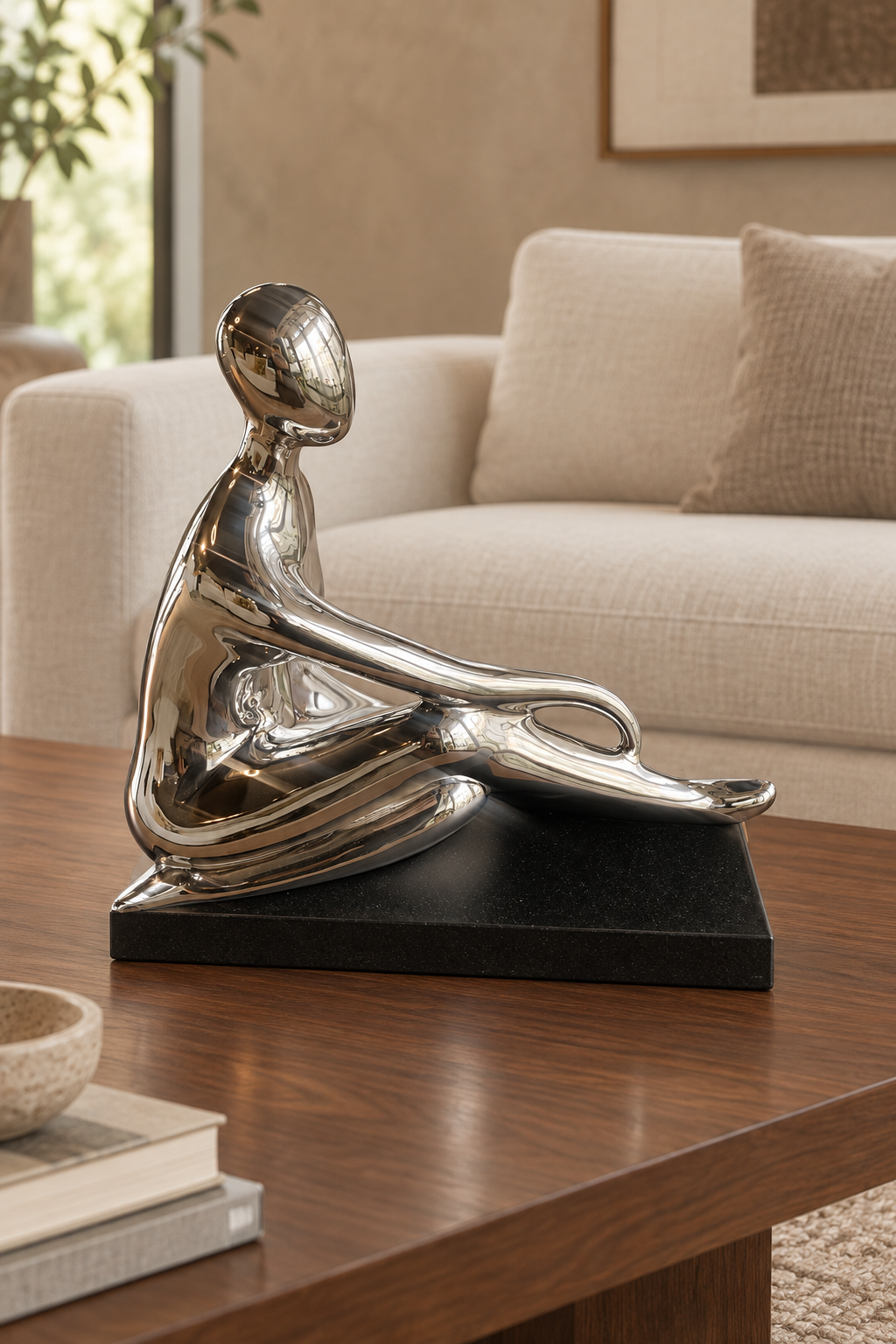 Seated silver sculpture styled in a warm contemporary living room