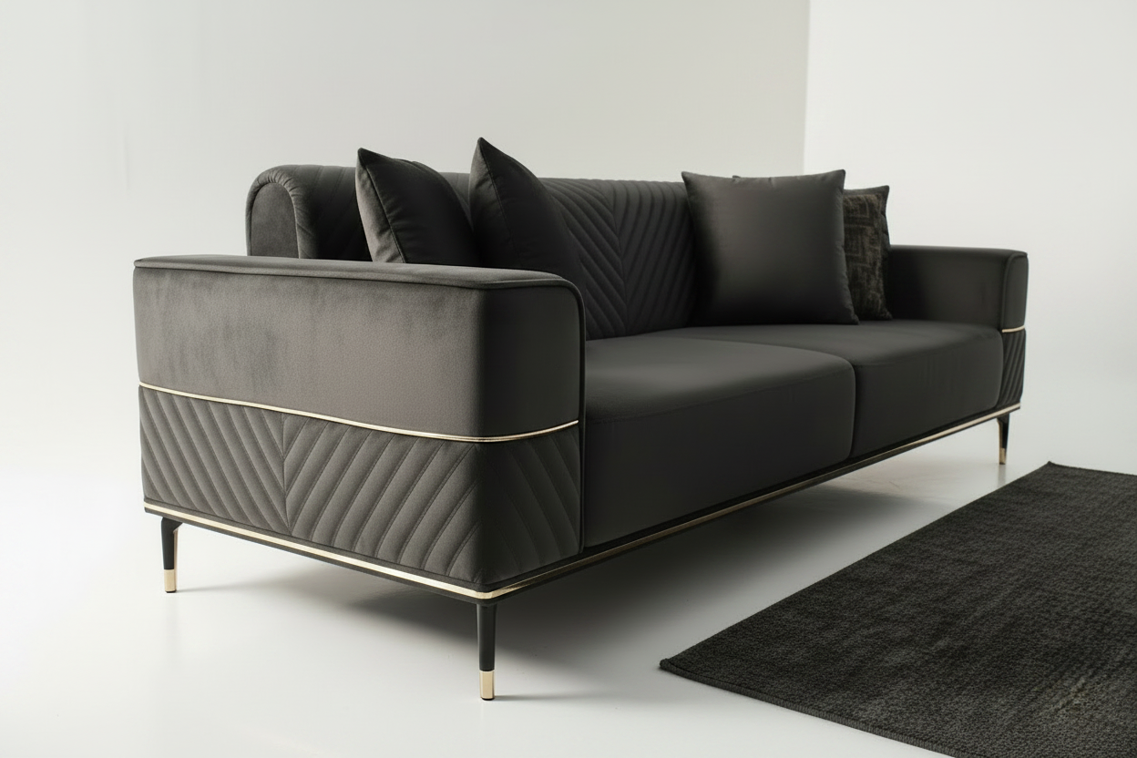 3-Seater Side with Quilted Pattern & Gold Trim