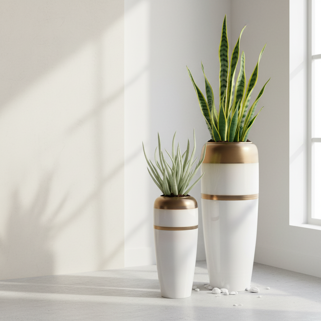 Advertising image for pot plants in white and metallic vases