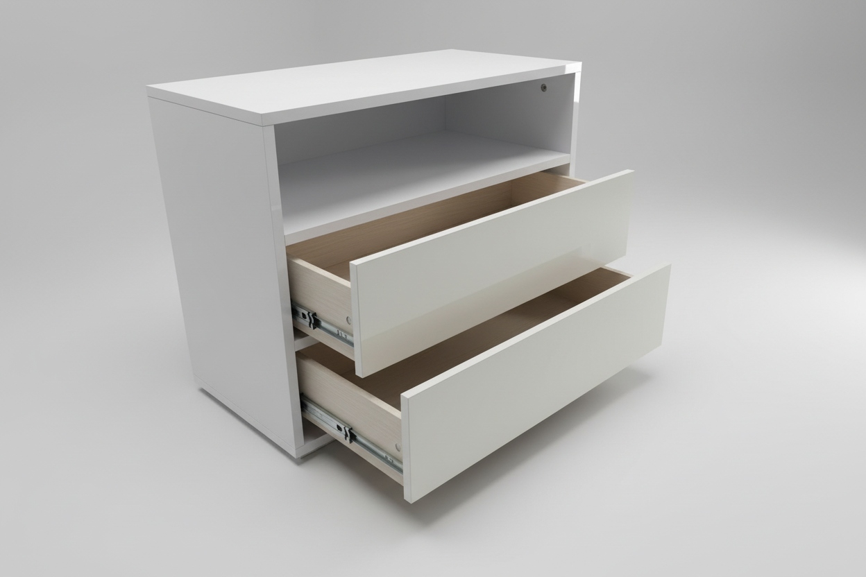 Angled studio shot with open drawer