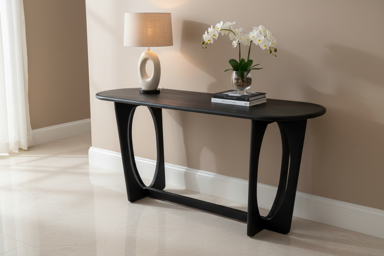 Anti-clockwise angle view of black Sandra console table