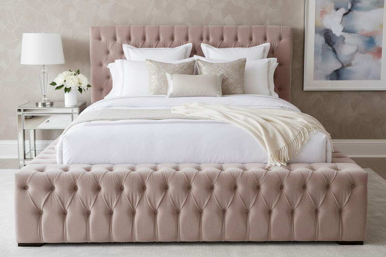 Armor Bed in blush pink - elegant lifestyle shot