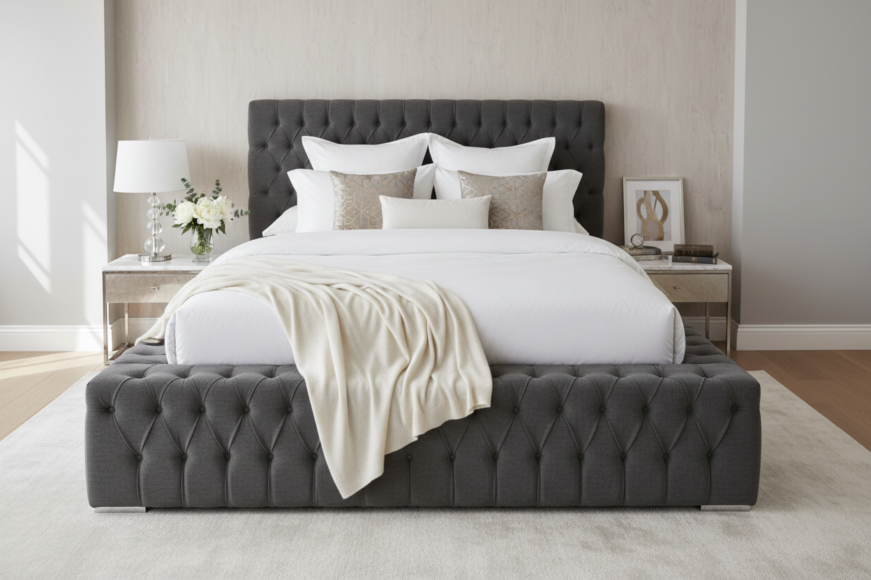 Armor Bed in charcoal grey - elegant lifestyle shot