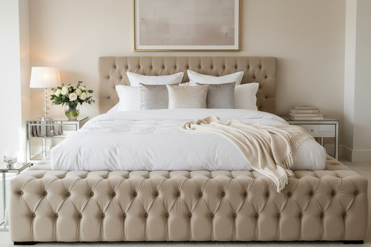 Armor Bed in cream beige - elegant lifestyle shot