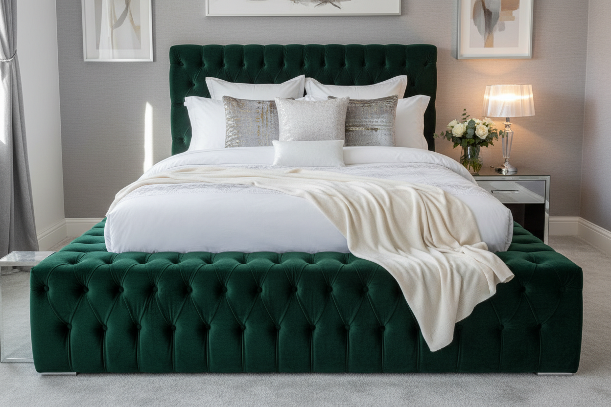 Armor Bed in emerald green - elegant lifestyle shot