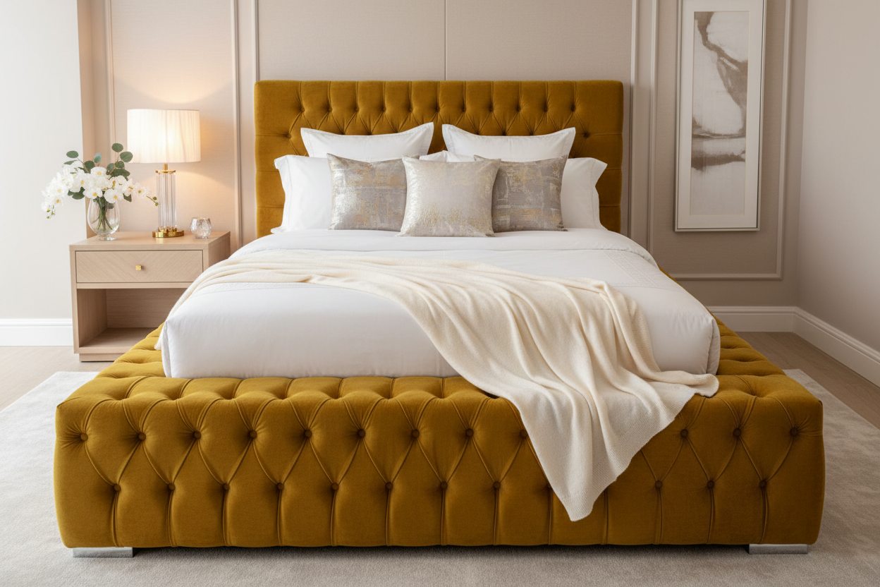 Armor Bed in mustard yellow - elegant lifestyle shot