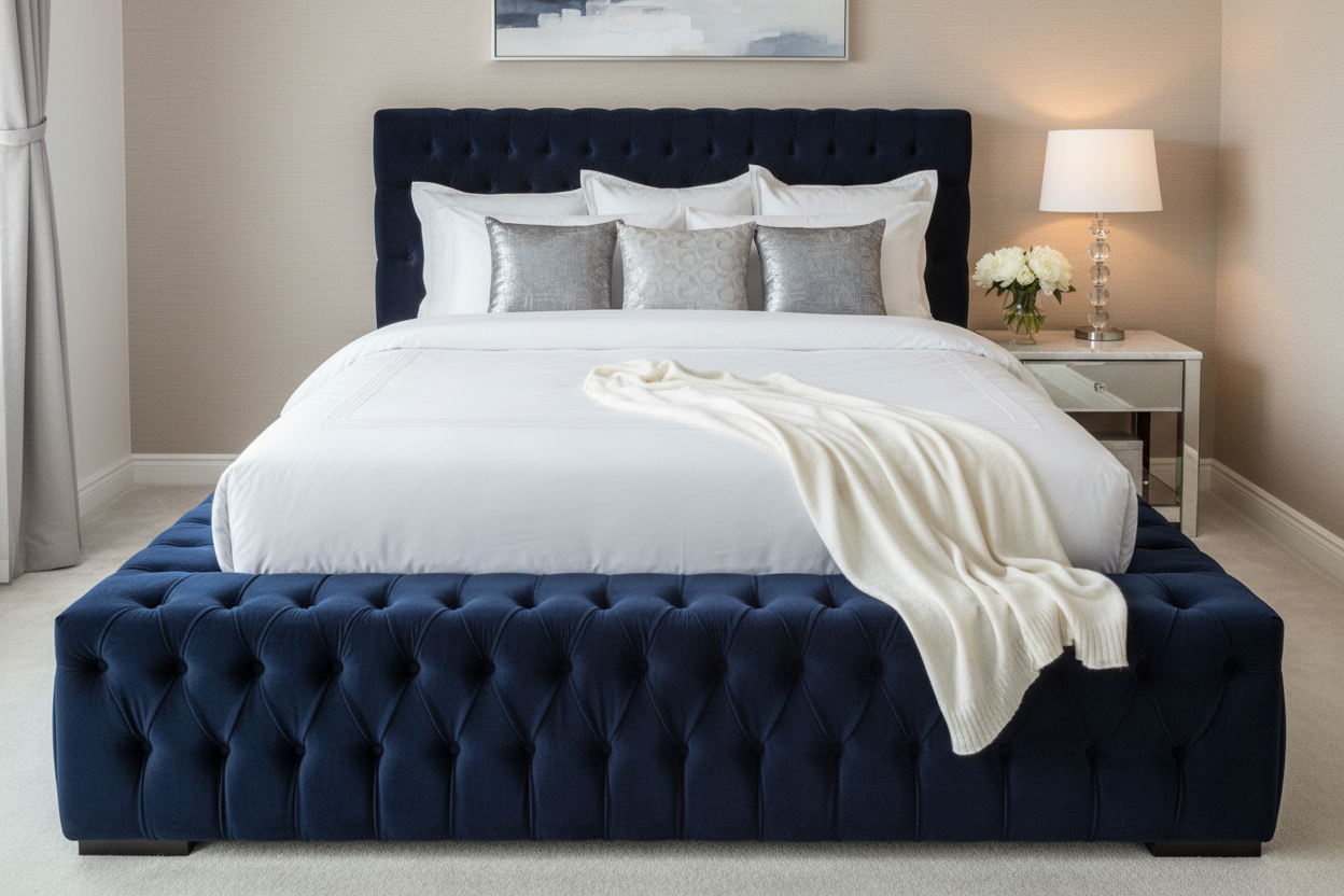 Armor Bed in navy blue - elegant lifestyle shot