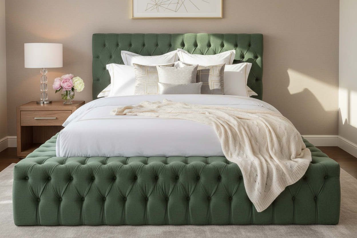 Armor Bed in sage green - elegant lifestyle shot