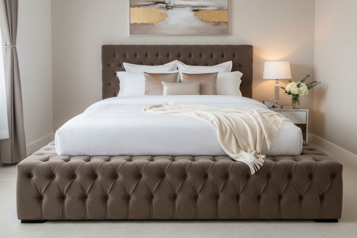 Armor Bed in taupe brown - elegant lifestyle shot