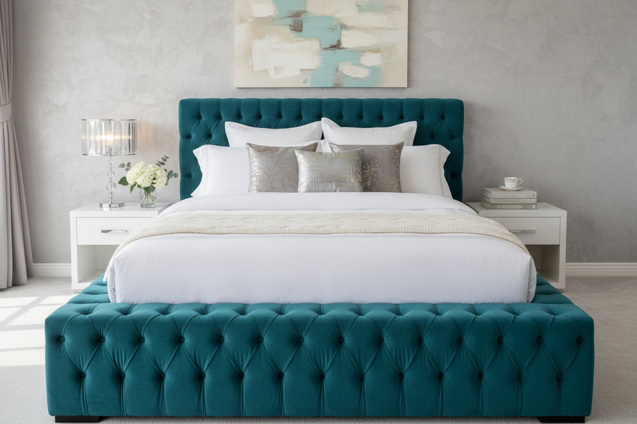 Armor Bed in turquoise - elegant lifestyle shot