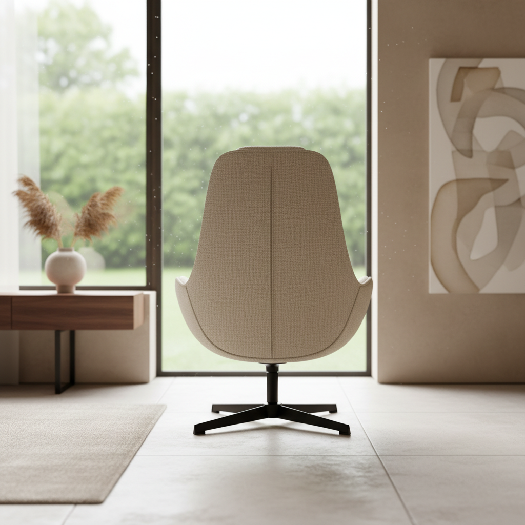 Back angle lifestyle image of beige swivel chair