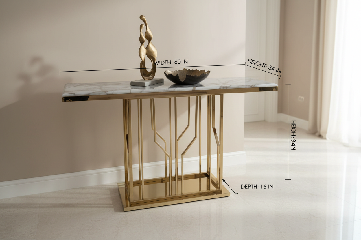Black and gold console table with dimensions