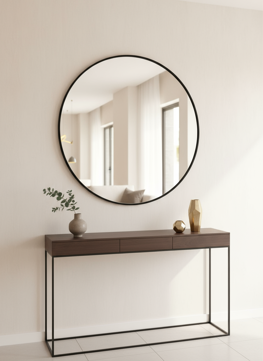 Bright lifestyle scene with round black mirror