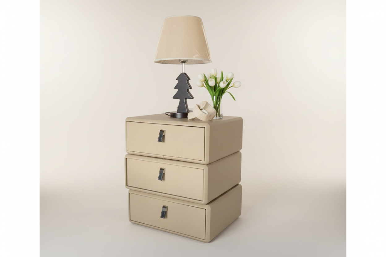 Brighter styled studio shot of beige nightstand