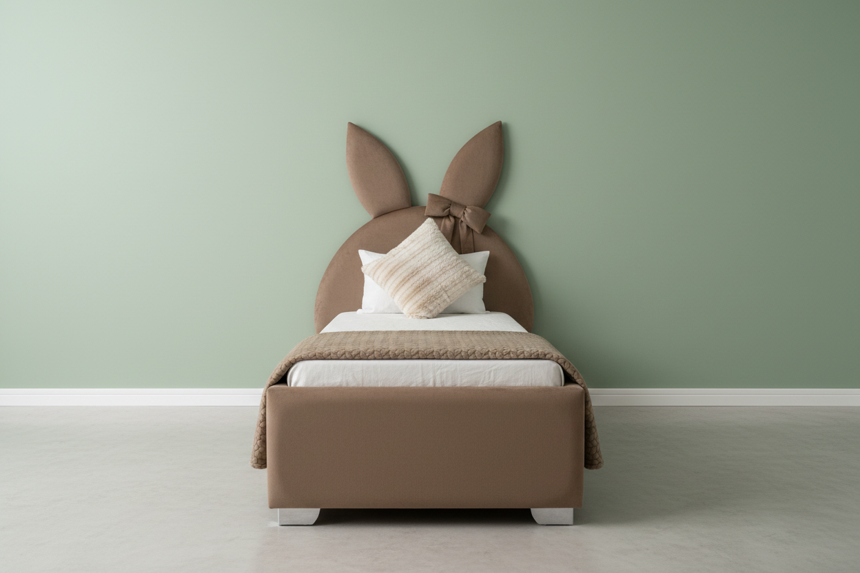 Bunny Bed - Taupe Brown with Sage Green Backdrop