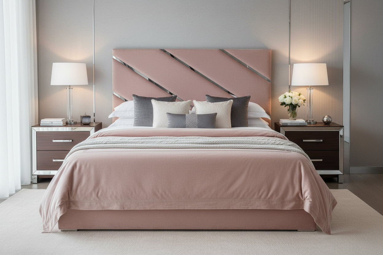 Carnival Headboard Lifestyle - Blush Pink with Matching Bedding