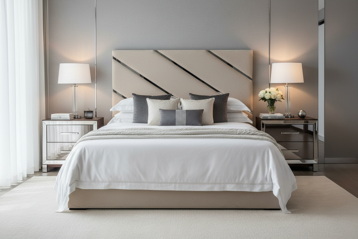 Carnival Headboard Lifestyle - Cream Beige with Matching Bedding