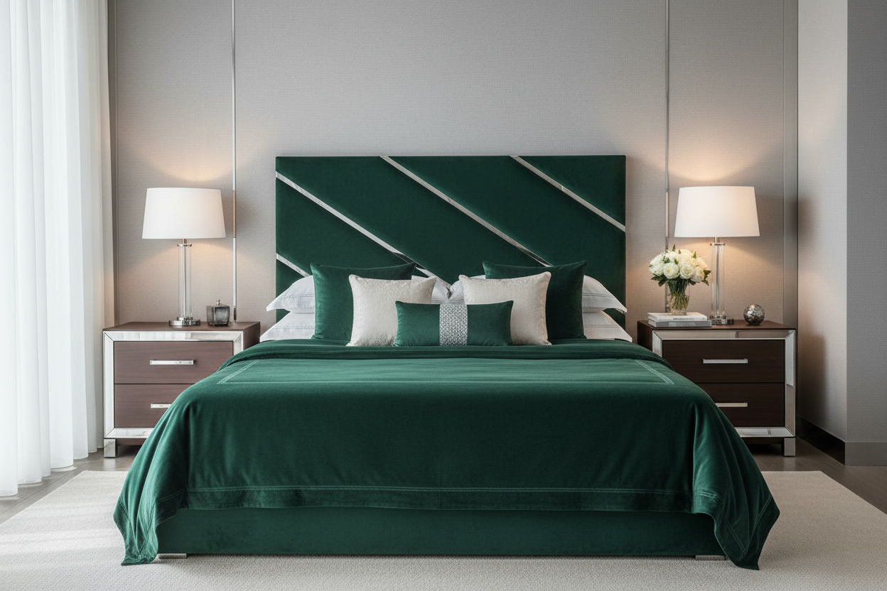 Carnival Headboard Lifestyle - Emerald Green with Matching Bedding