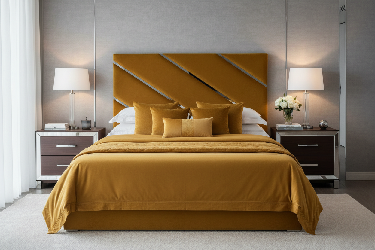 Carnival Headboard Lifestyle - Mustard Yellow with Matching Bedding