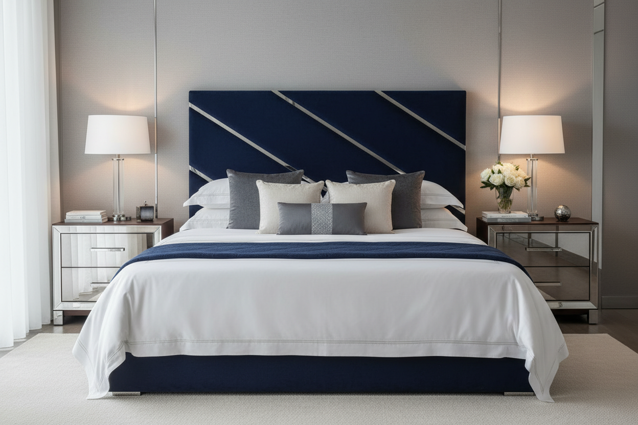 Carnival Headboard Lifestyle - Navy Blue with Matching Bedding