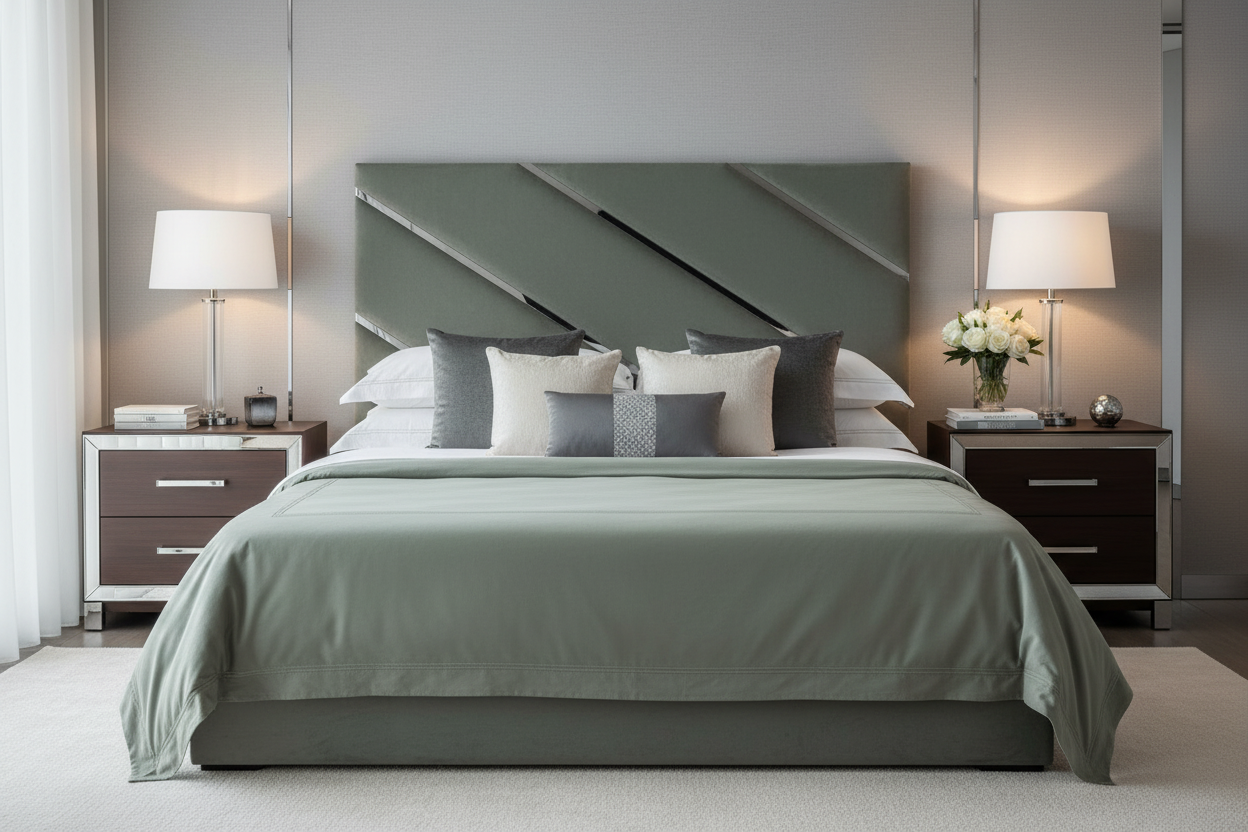 Carnival Headboard Lifestyle - Sage Green with Matching Bedding
