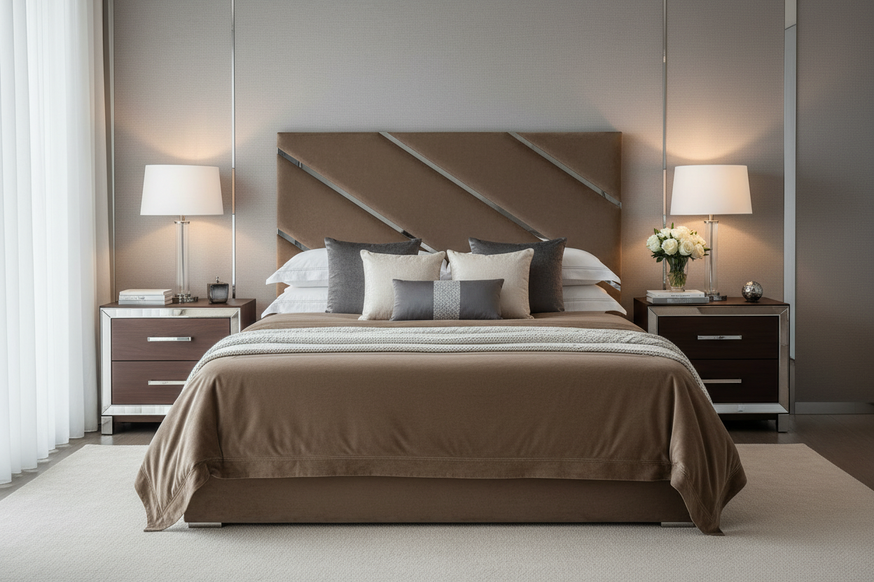 Carnival Headboard Lifestyle - Taupe Brown with Matching Bedding