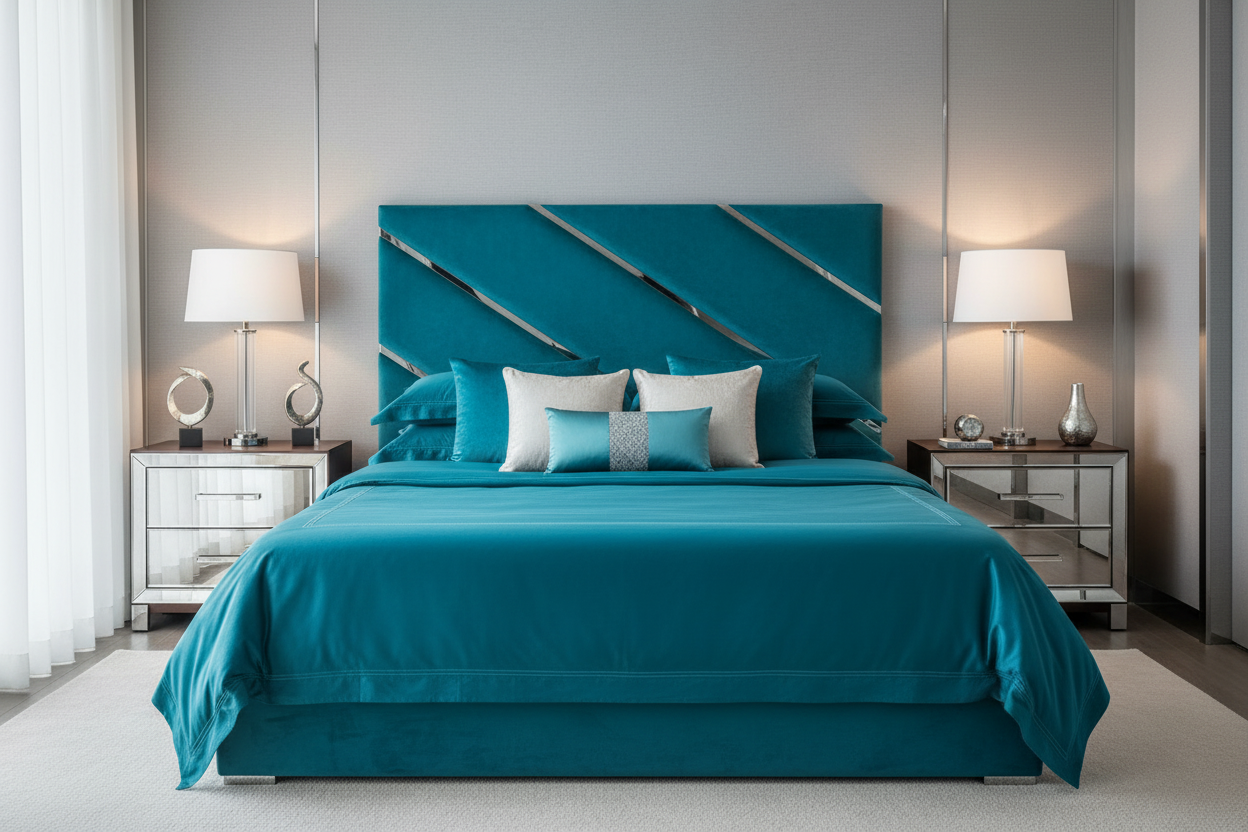 Carnival Headboard Lifestyle - Turquoise with Matching Bedding