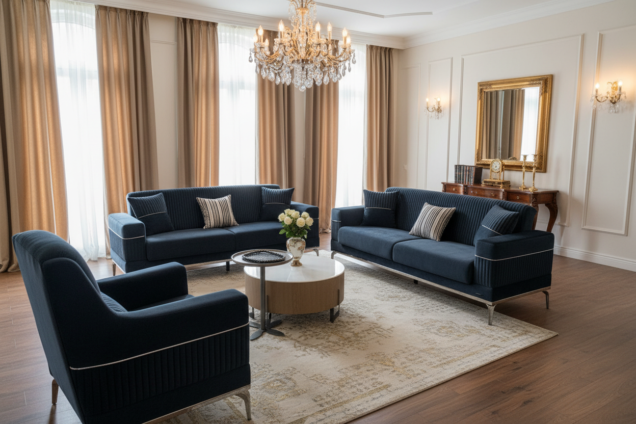 Classic Lifestyle Image with Navy Sofa Set