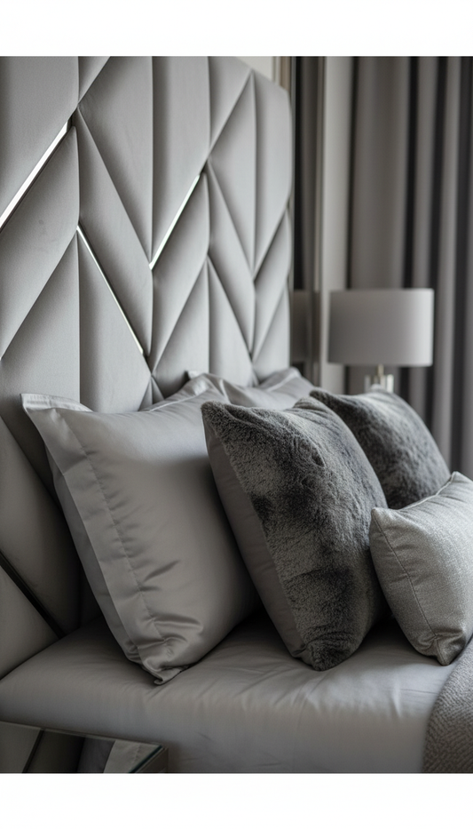 Close-up side angle view of chevron headboard