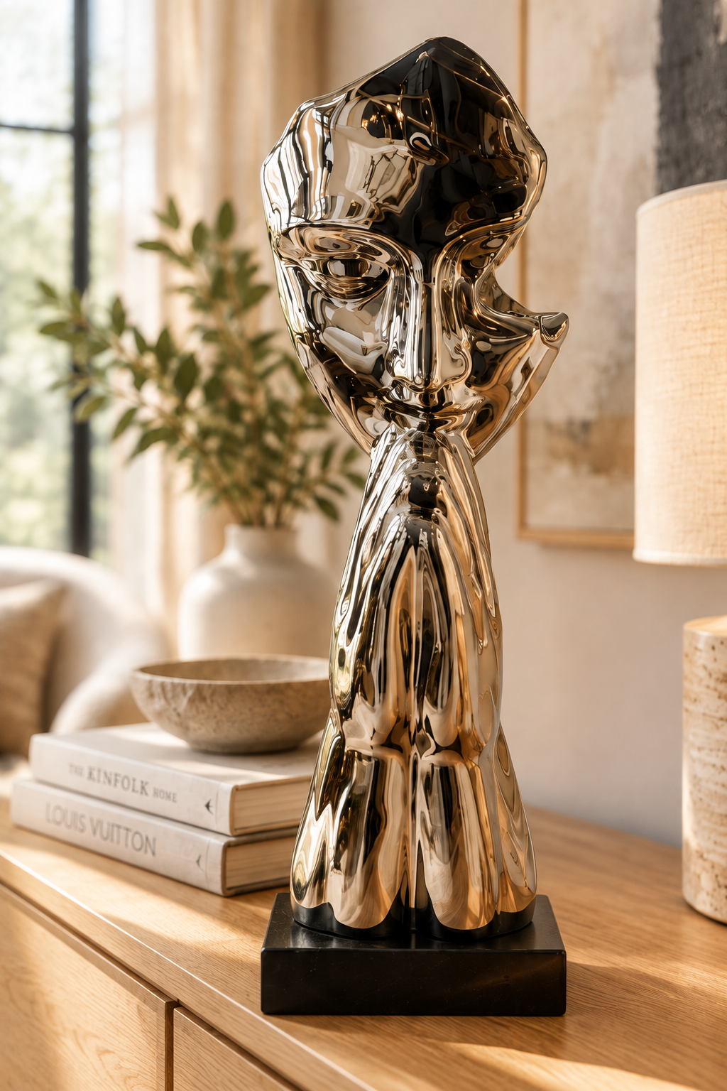 Closer shot of the chrome face sculpture with a blurred living room behind it
