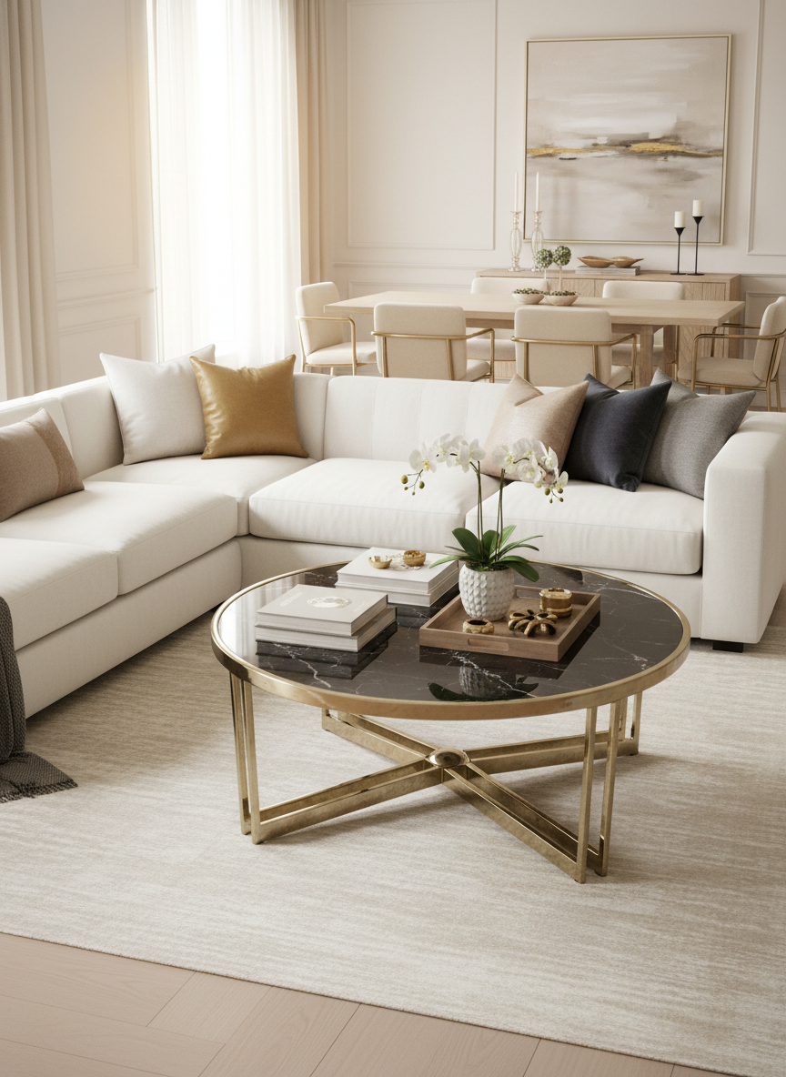 Coffee Table 9 with white L-shaped sofa in living dining room