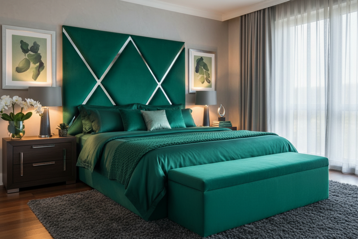 Color-matched bedroom suite with Cresta mirror headboard