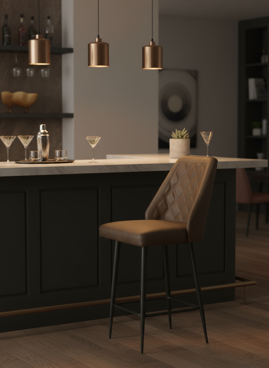 Contemporary bar with warm pendant lighting