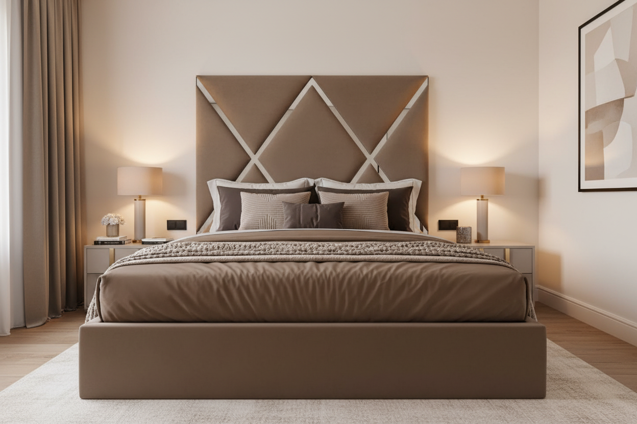 Cresta mirror headboard with taupe brown base and bedding
