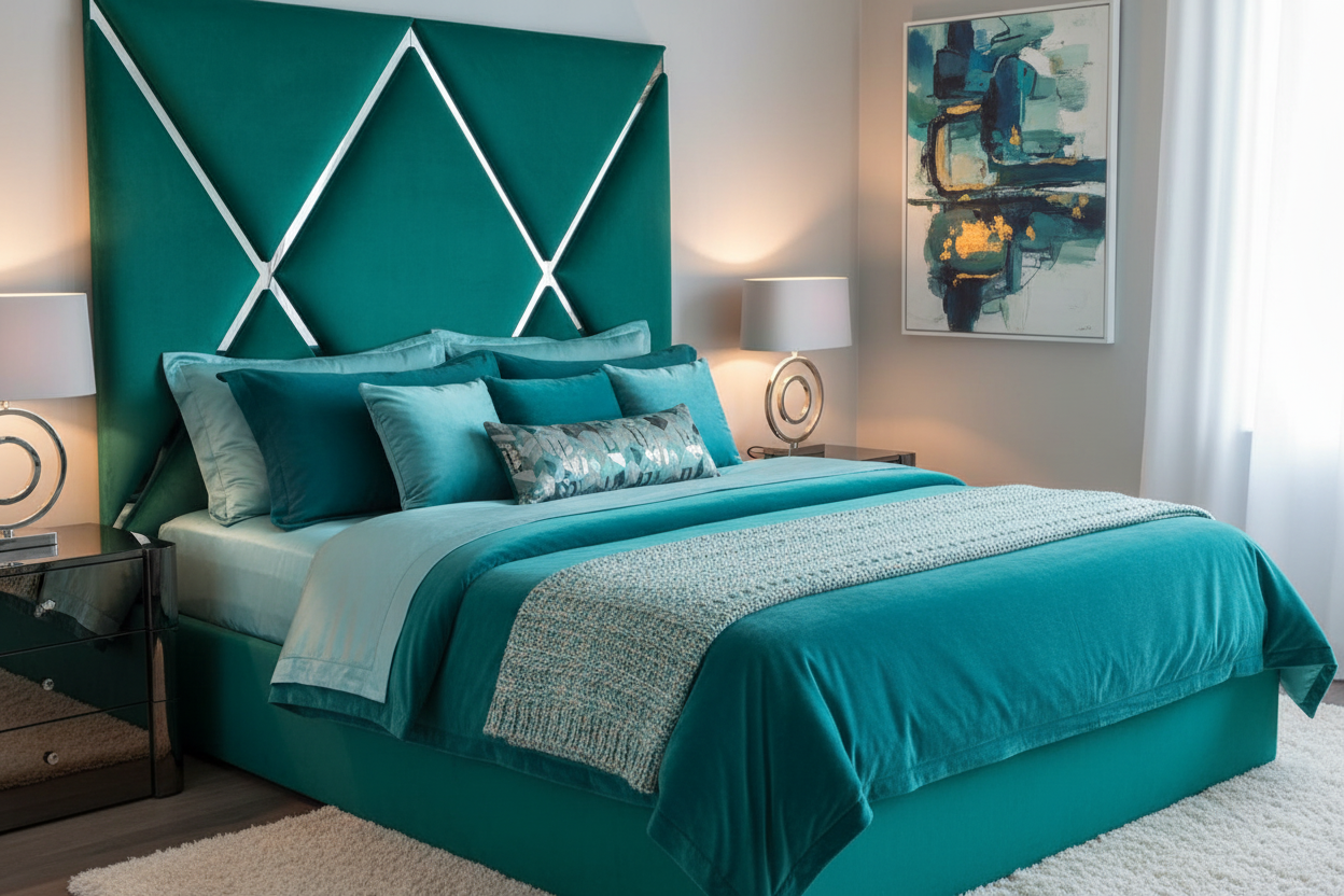 Cresta mirror headboard with turquoise base and bedding