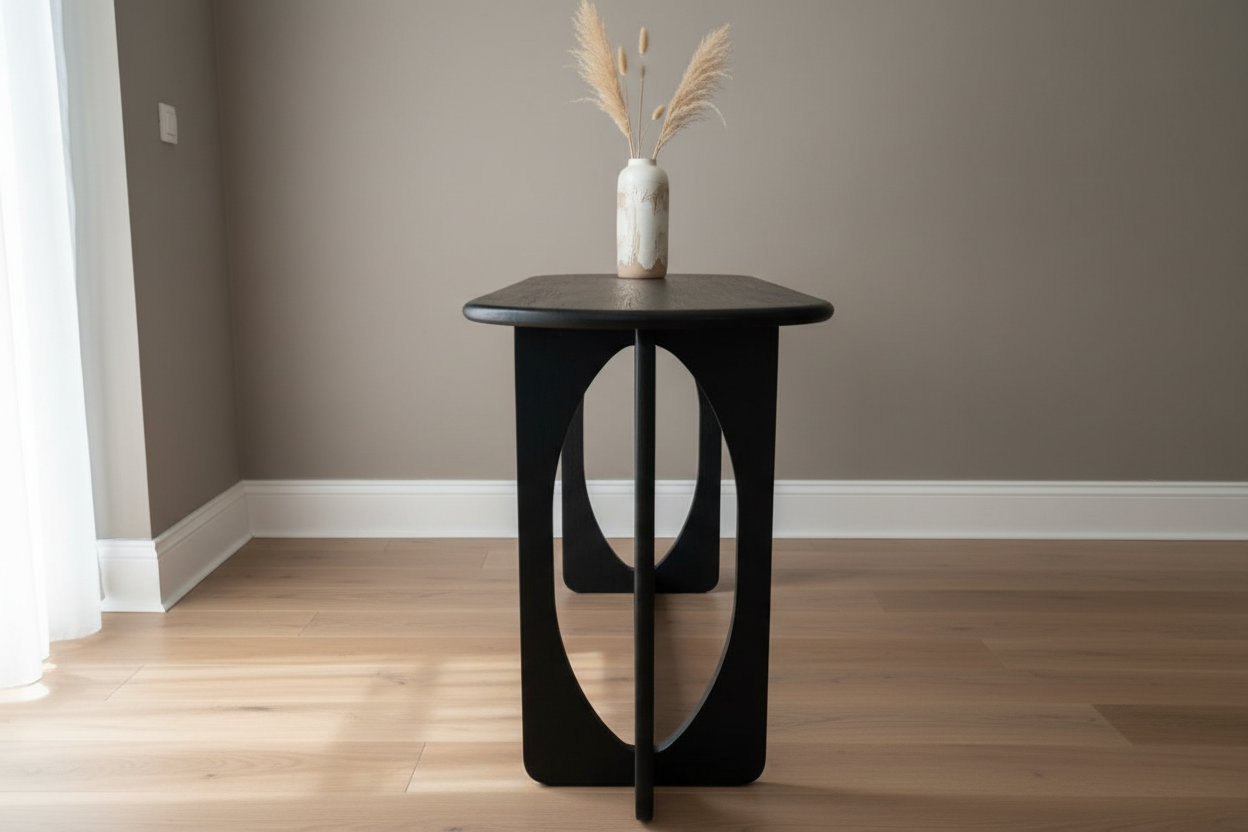 Direct side profile view of black Sandra console table