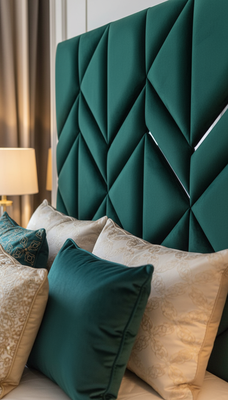 Emerald green headboard close-up lifestyle