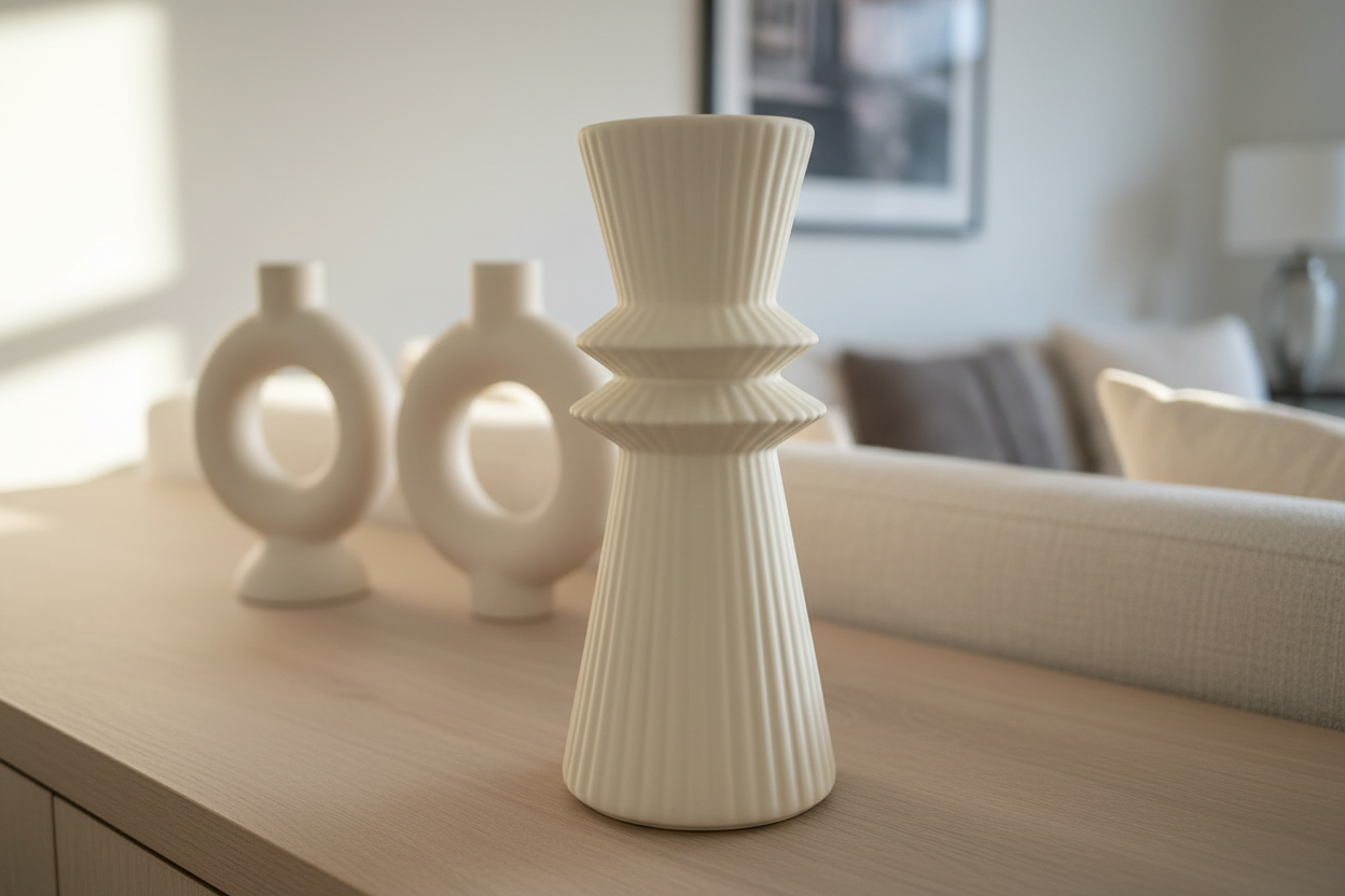 Focused lifestyle image of sculptural ceramic vase