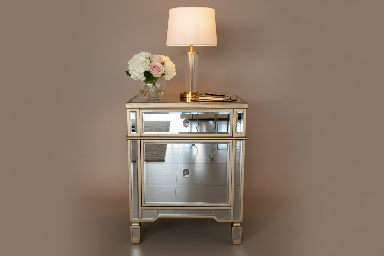 Front angle styled studio shot of mirrored nightstand