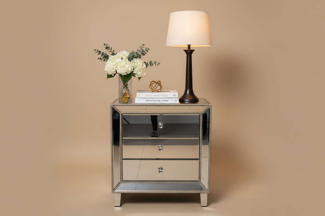 Front angle styled studio shot of mirrored pedestal