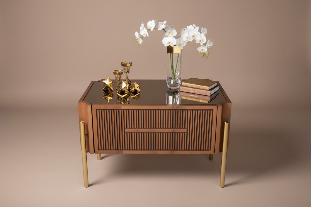 Front angle styled studio shot of rose gold console