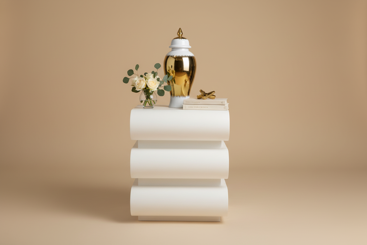 Front angle styled studio shot of white pedestal