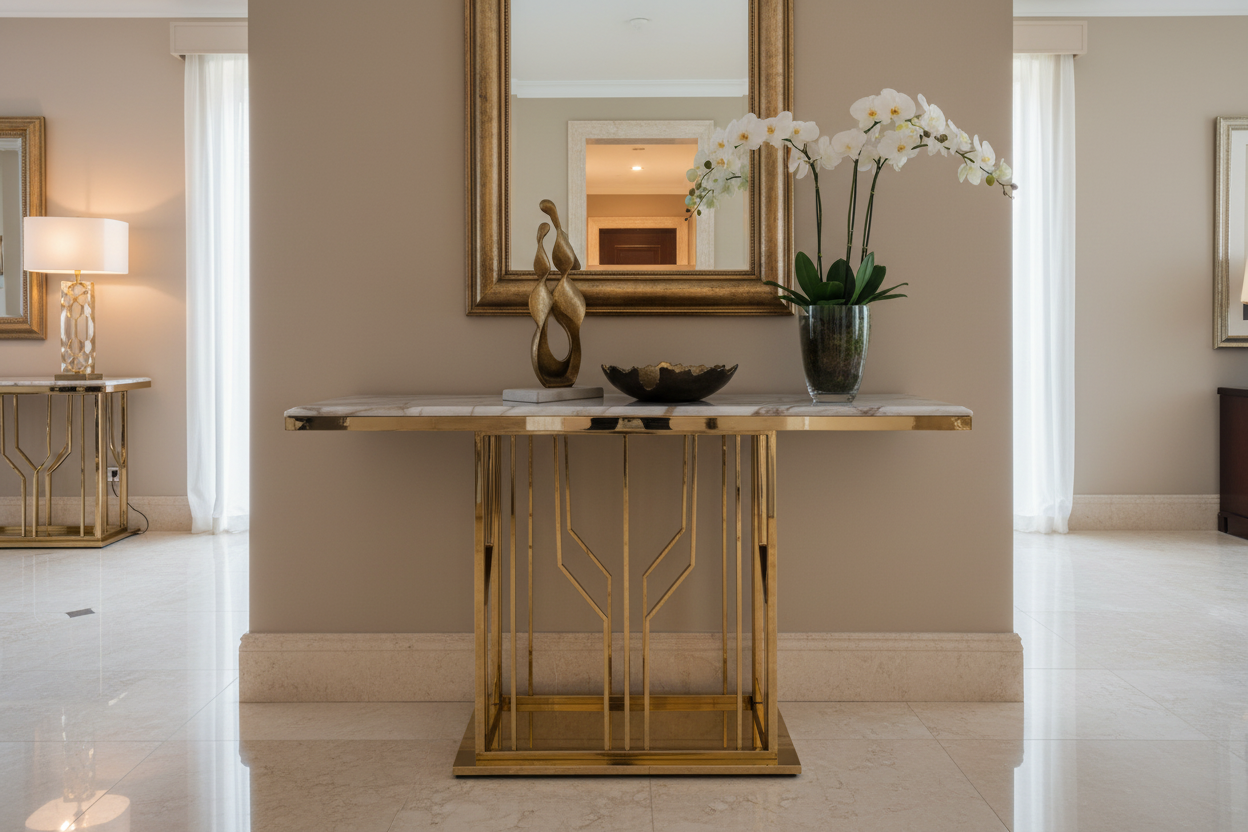 Front view of black and gold console table