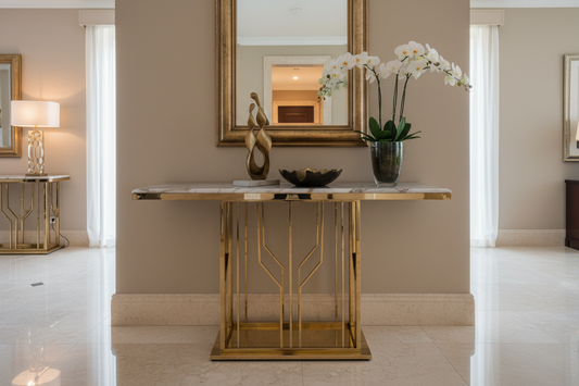 Front view of black and gold console table