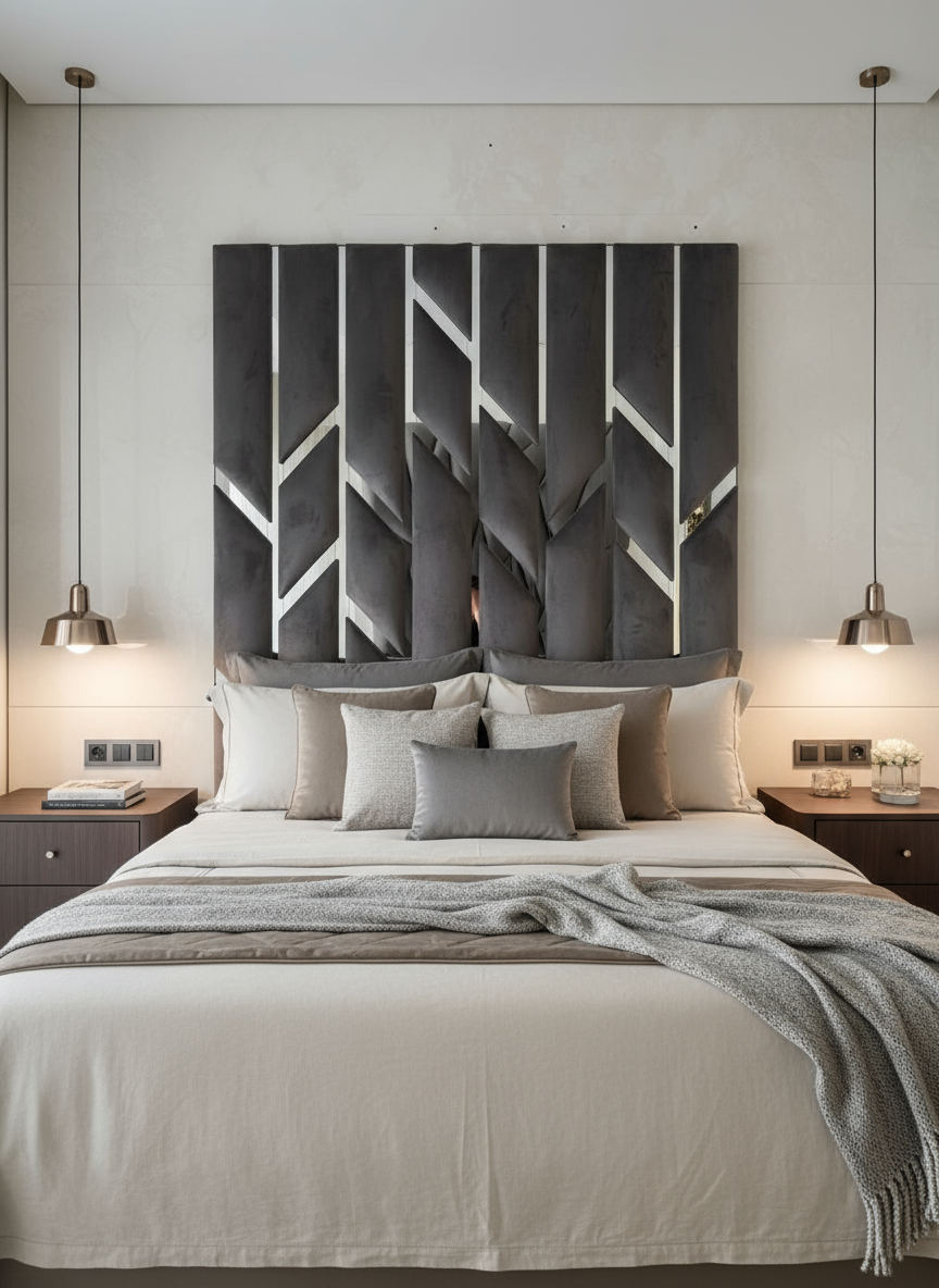 Front view of geometric headboard with styled bed